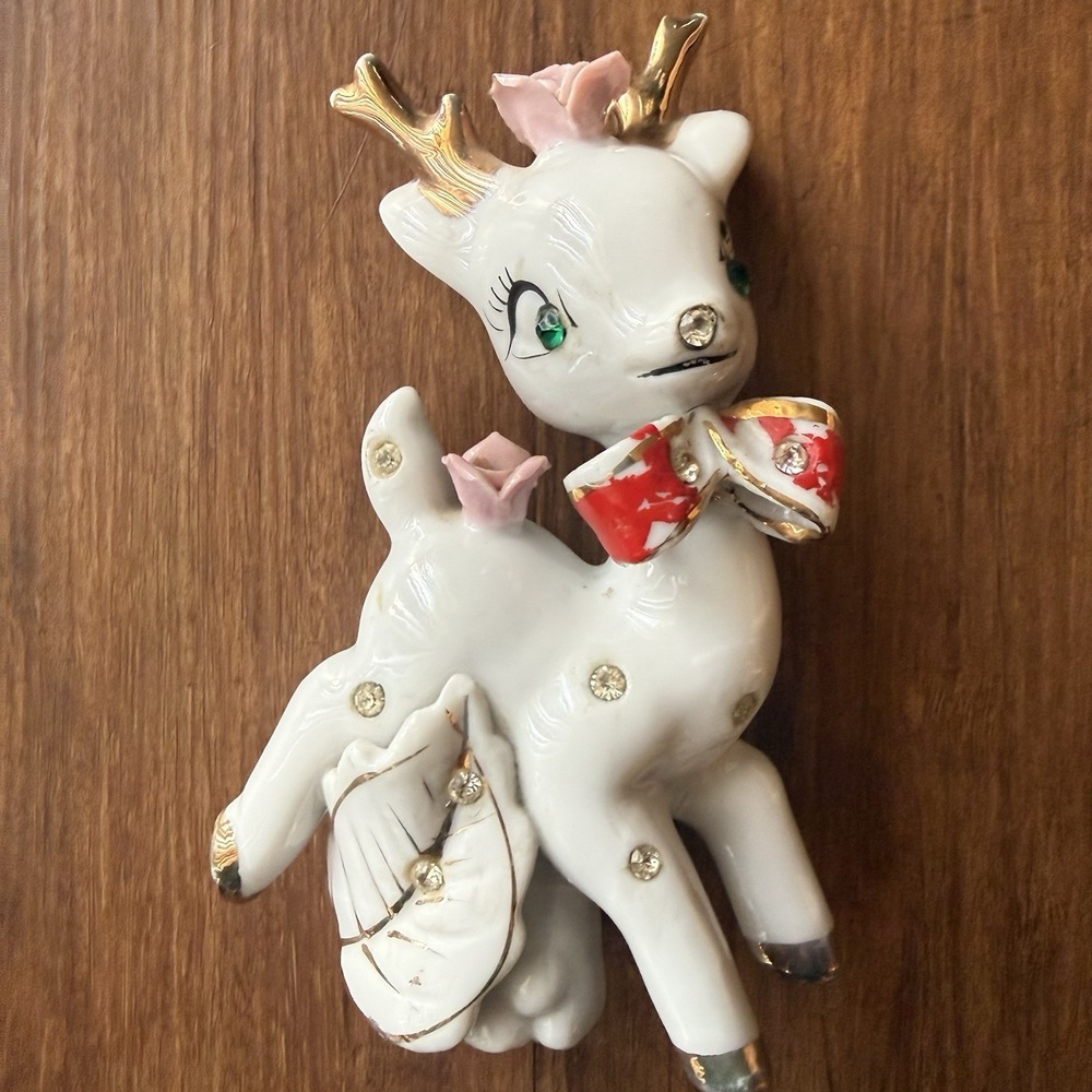 Vtg Wales Deer Reindeer Christmas MCM Kitschy Japan Figurines Decor Rhinestone